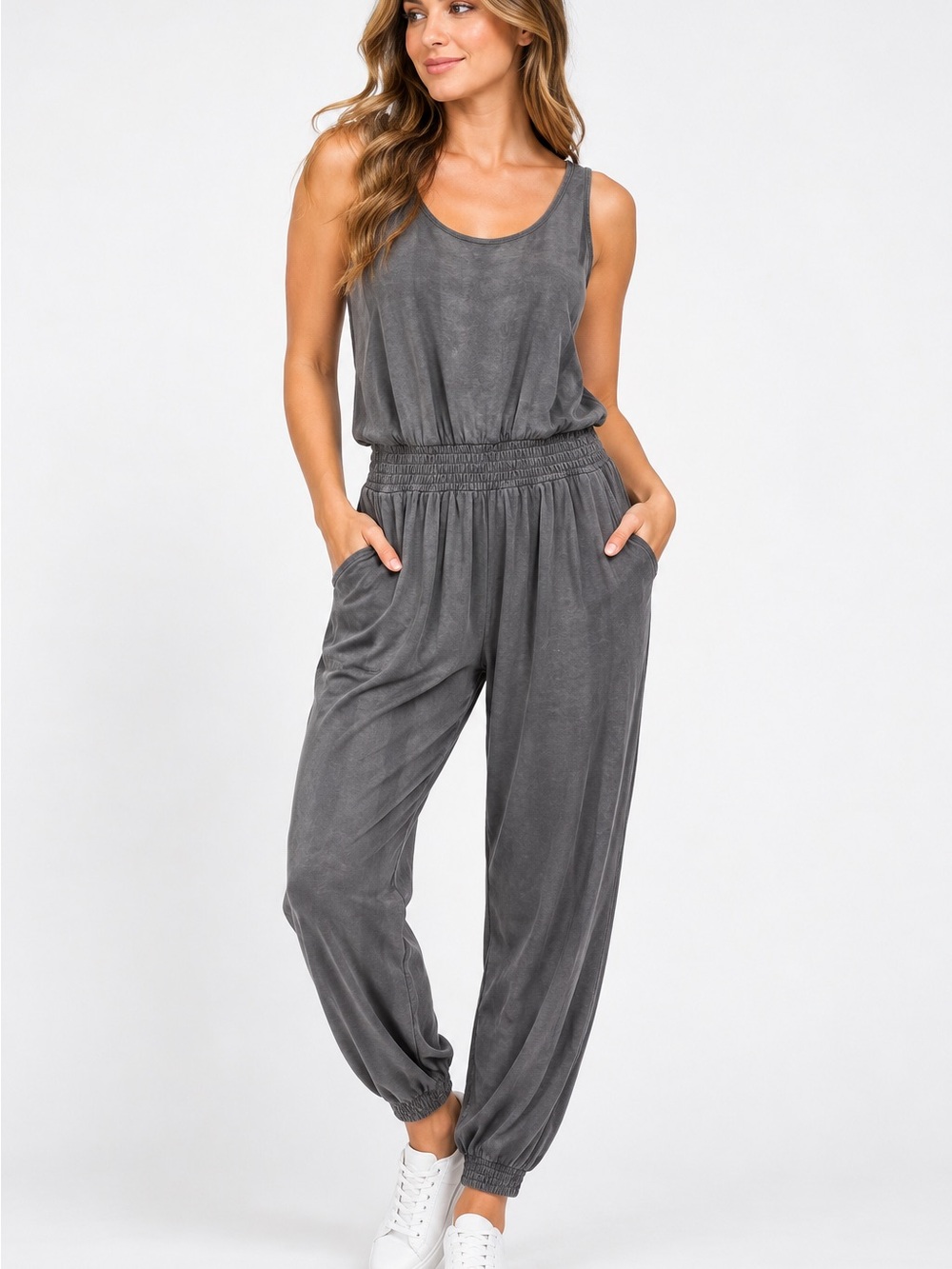 Aerie Charcoal Gray Sleeveless Smocked-Waist Jumpsuit